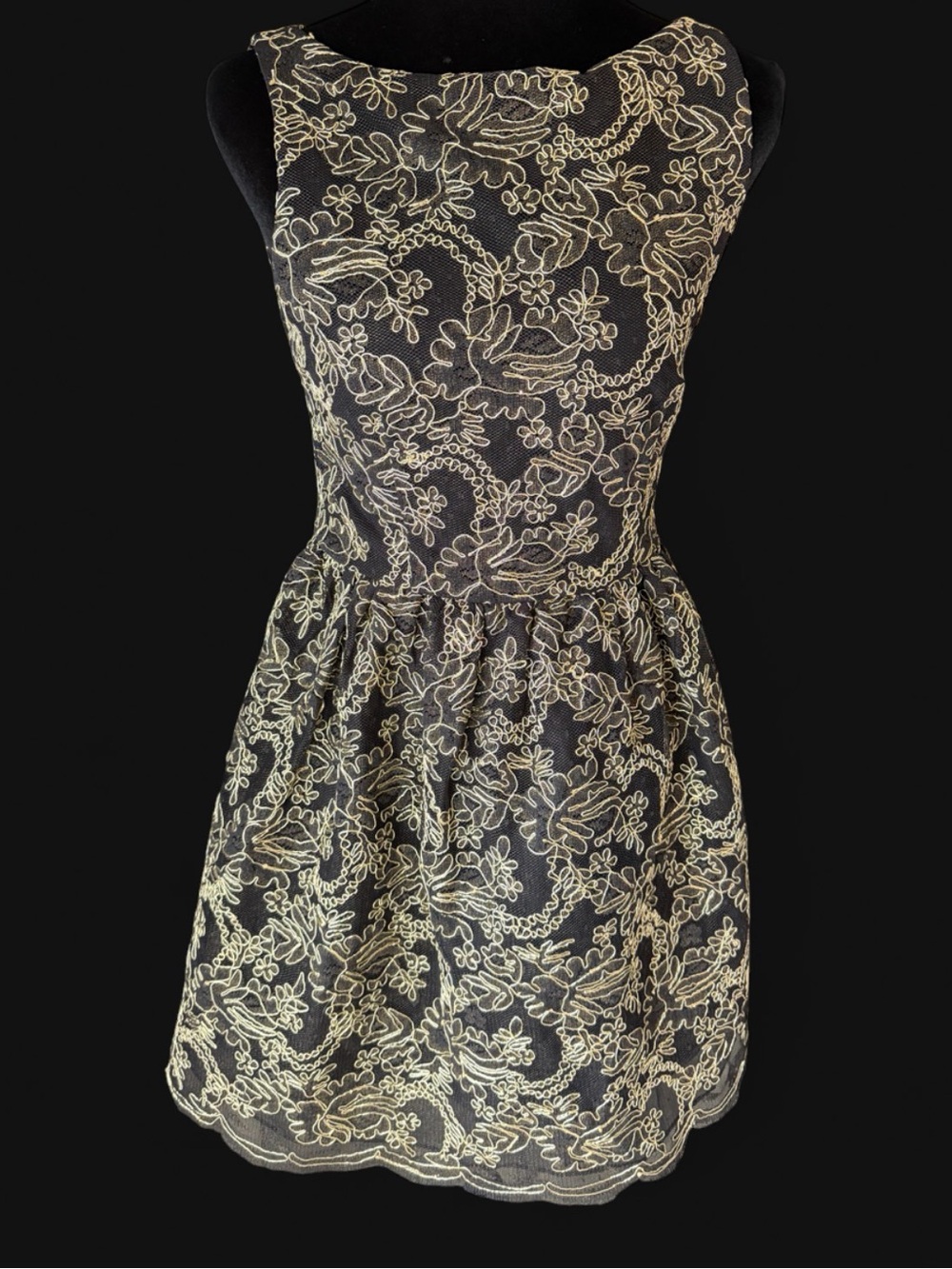 Alice + Olivia Black Gold Embroidered Lace Open Back Fit & Flare Mini Dress - Picture 2 of 7